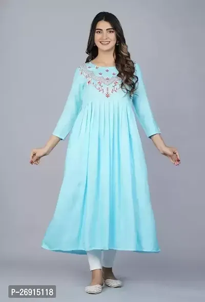 Elegant Turquoise Cotton Embroidered Kurta For Women-thumb0