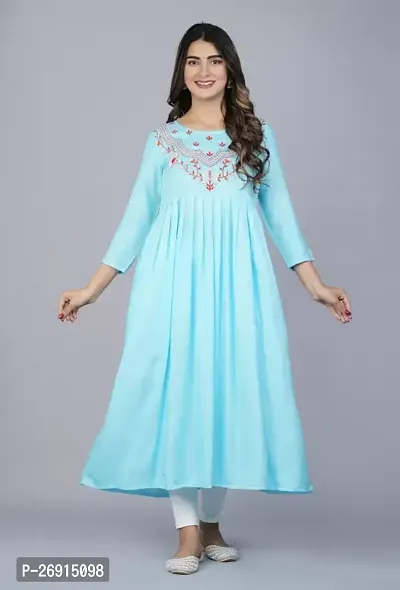 Elegant Turquoise Cotton Embroidered Fkared Kurta For Women-thumb0