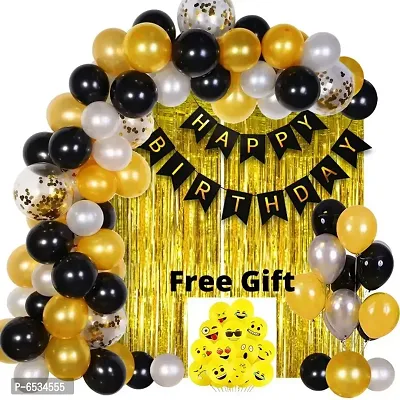 Solid Happy Birthday Black Banner, 30 pcs Golden, Black and Silver Metallic Balloons,2 pcs Golden Fringe/Curtains With Free Gift 5 pcs Smiley Emoji Balloons