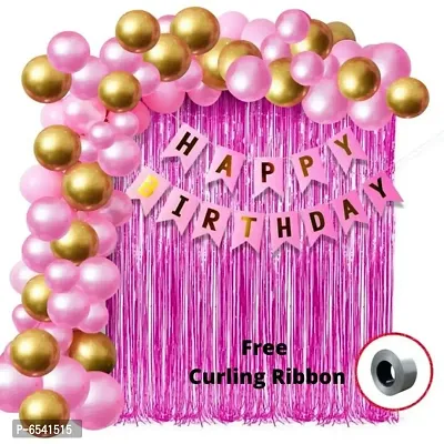 Happy Birthday Pink Decoration Kit - 1 Happy Birthday Banner (Pink), 30 pcs HD Metallic Balloons (Golden and Pink 15 pcs each) and 2 pcs Pink Fringe Curtains with Free Gift 1pc Curling Ribbon
