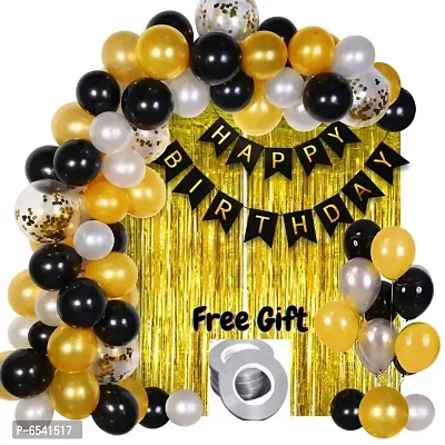 Classic Happy Birthday Black banner Decoration Combo Kit With Golden Curtain 2pcs + Golden,Black and White Color Metallic hd Balloon Pack of 30 pcs +Curling Ribbon free gift for party decoration item-thumb0