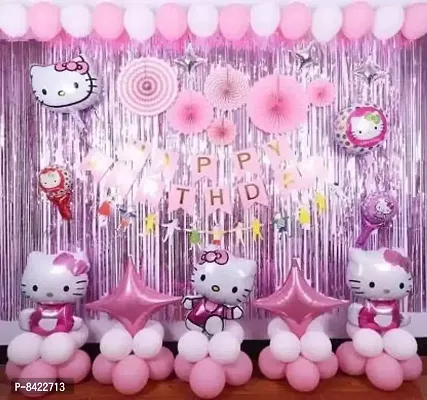 Kitty Happy Birthday Decoration Set with 1 pcs happy birthday pink banner,30 pcs pink and white metallic balloons,2 pink curtains,3 pcs kitty foil balloons,2 pcs pink and 2 pcs silver stars-thumb0
