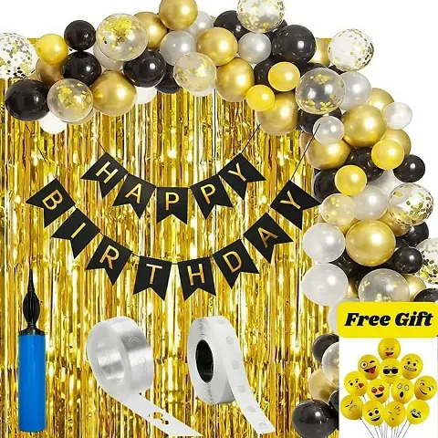 Happy Birthday Decoration of Black Happy Birthday Banner with 2 Golden Curtains, 30 pcs Black, Golden  White Metallic Balloons,3 Confetti Balloons,1 Glue Dot,1 Arch,Balloon Pump and Free smiley(5pcs)