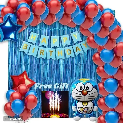 Stylish balloons happy birthday blue decoration set with doraemon foil  free gift magic candles
