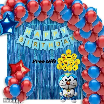 Blue happy birthday decoration set with free gift smiley emojis  doraemon