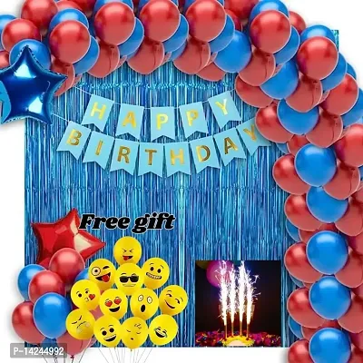 Happy birthday balloon decoration kit with blue banner with free gift smiley balloons  sparkle candles