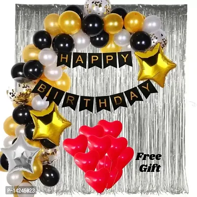 Happy birthday black with 30 pcs black golden silver balloon 2 pcs golden 1 pc silver star, 1 curtain silver and free gift heart shaped balloons 10 pcs