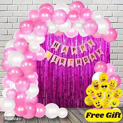 Happy Birthday Pink  White Fiesta Kit with Banner, HD Metallic Balloons, Foil Curtains (Pink-White-33Pc) and Free Smiley Emojis