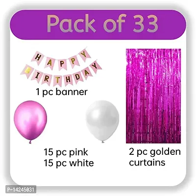 Happy Birthday Pink  White Fiesta Kit with Banner, HD Metallic Balloons, Foil Curtains (Pink-White-33Pc) and Free Smiley Emojis-thumb2