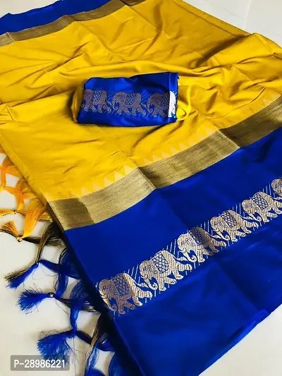 Self Design Banarasi Cotton Silk Saree Blue Yellow-thumb0