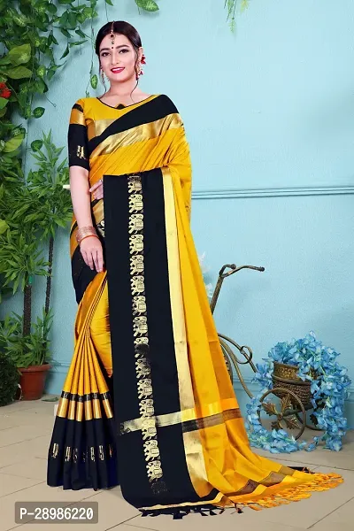 Animal Print Kanjivaram Art Silk Saree Black Yellow