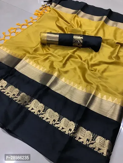 Self Design Banarasi Cotton Silk Saree Black Yellow-thumb0