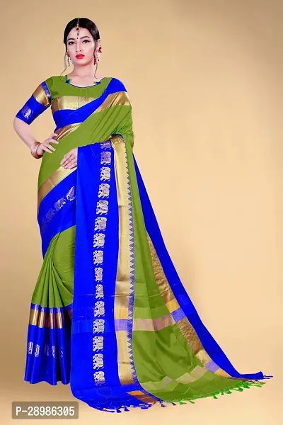 Self Design Kanjivaram Cotton Silk Saree Dark Blue Dark Green