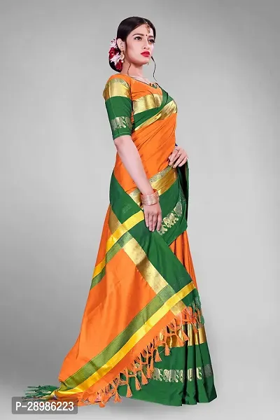 Animal Print Kanjivaram Art Silk Saree Green Orange-thumb3