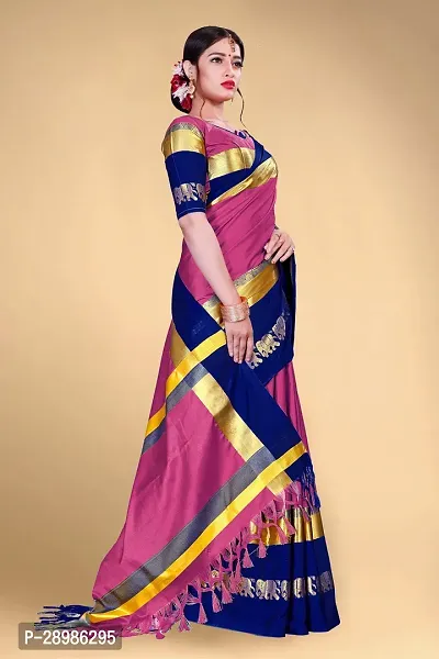 Self Design Kanjivaram Cotton Silk Saree Dark Blue Pink-thumb3