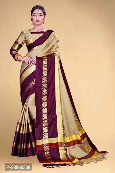 Self Design Kanjivaram Cotton Silk Saree Purple Brown-thumb0