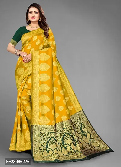 Self Design Banarasi Cotton Silk Saree Gold Yellow