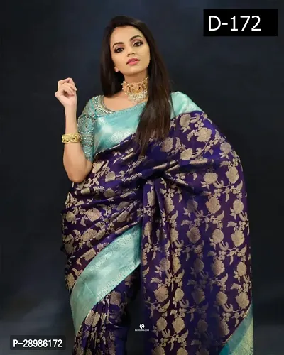 Self Design Banarasi Cotton Silk Saree Blue-thumb3