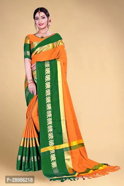 Self Design Kanjivaram Cotton Silk Saree Green Orange-thumb0