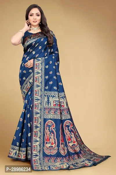 Self Design Banarasi Cotton Silk Saree Dark Blue Multicolor