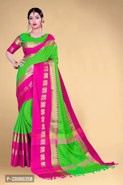 Self Design Kanjivaram Cotton Silk Saree Pink Dark Green-thumb0