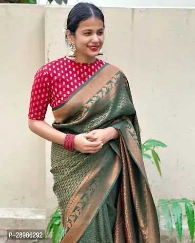 Self Design Banarasi Cotton Silk Saree Green Dark Green-thumb2