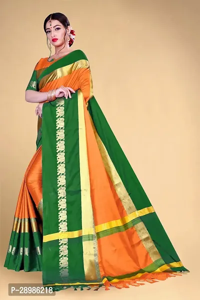 Self Design Kanjivaram Cotton Silk Saree Green Orange-thumb2