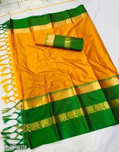 Self Design Banarasi Cotton Silk Saree Green Orange