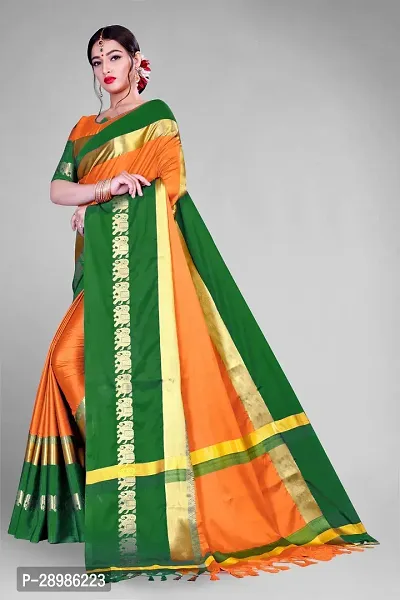 Animal Print Kanjivaram Art Silk Saree Green Orange-thumb2