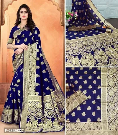 Self Design Banarasi Cotton Silk Saree Light Blue Blue Dark Blue-thumb0