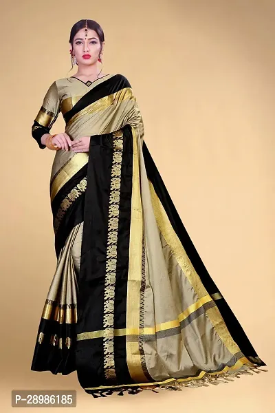 Self Design Kanjivaram Cotton Silk Saree Black Grey-thumb0