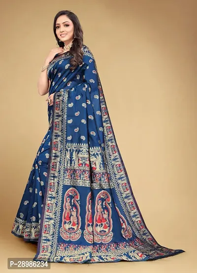 Self Design Banarasi Cotton Silk Saree Dark Blue Multicolor-thumb2