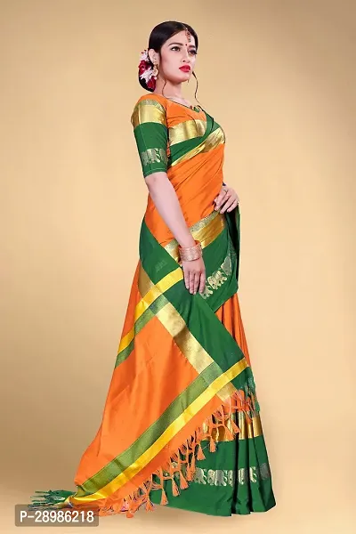 Self Design Kanjivaram Cotton Silk Saree Green Orange-thumb3