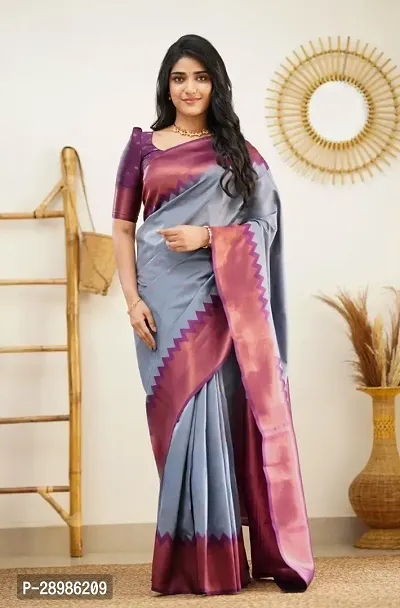 Self Design Kanjivaram Cotton Silk Saree Grey Brown Purple-thumb0