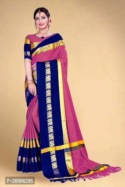 Self Design Kanjivaram Cotton Silk Saree Dark Blue Pink