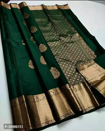 Self Design Banarasi Cotton Silk Saree Gold Dark Green-thumb0