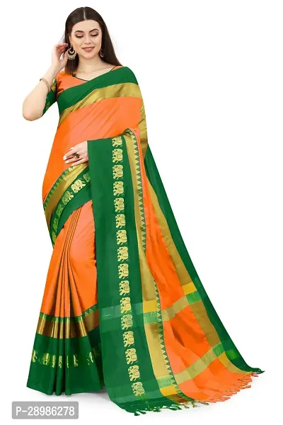 Self Design Kanjivaram Art Silk Saree Green Orange