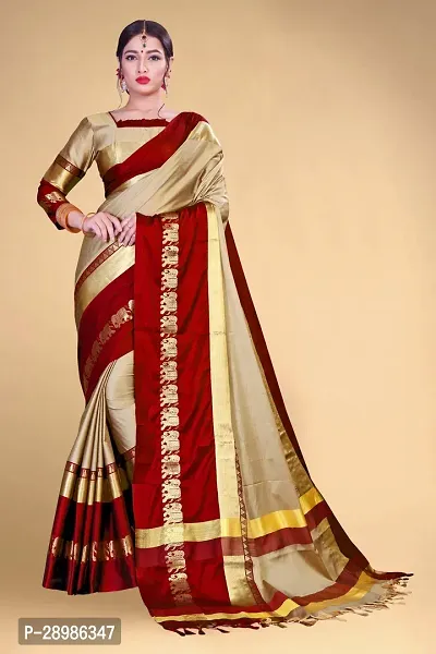 Self Design Kanjivaram Cotton Silk Saree Maroon Cream-thumb0