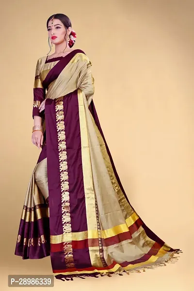 Self Design Kanjivaram Cotton Silk Saree Purple Brown-thumb2