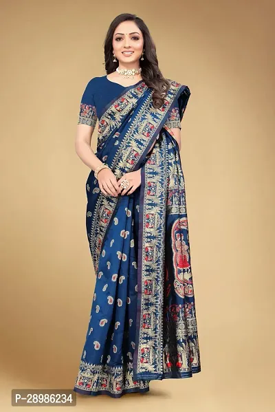 Self Design Banarasi Cotton Silk Saree Dark Blue Multicolor-thumb4