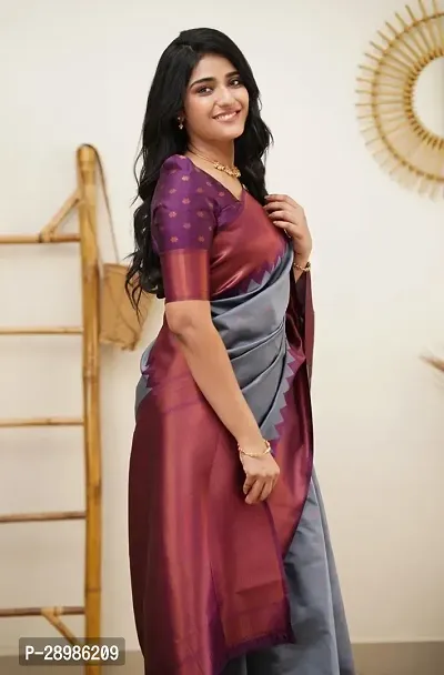 Self Design Kanjivaram Cotton Silk Saree Grey Brown Purple-thumb3