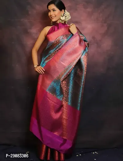 Elegant Turquoise Tussar Silk Jacquard Saree with Blouse Piece-thumb0