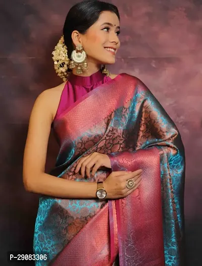 Elegant Turquoise Tussar Silk Jacquard Saree with Blouse Piece-thumb3