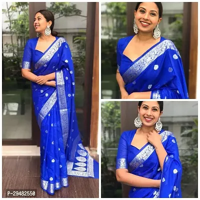 Stylish Kosa Silk Blue Woven Design Saree With Blouse Piece For Women