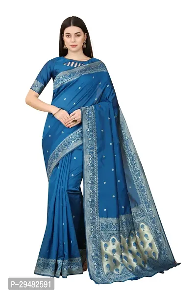 Stylish Kosa Silk Blue Woven Design Saree With Blouse Piece For Women