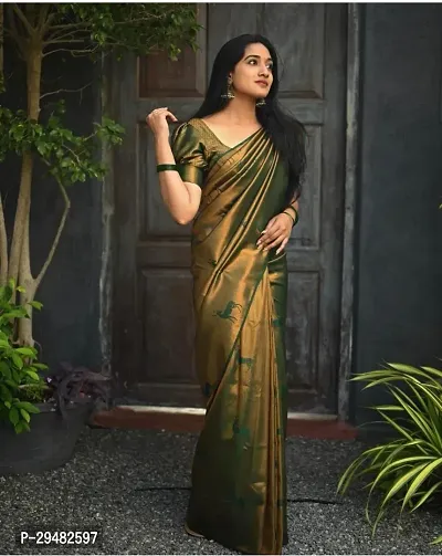 Stylish Kosa Silk Green Woven Design Saree With Blouse Piece For Women-thumb0