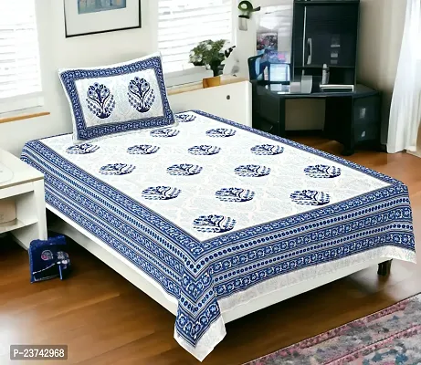 100% Cotton Fabric Ethnic Design Floarl Printed Single Bedsheet With One Pillow Cover(Blue)-thumb0