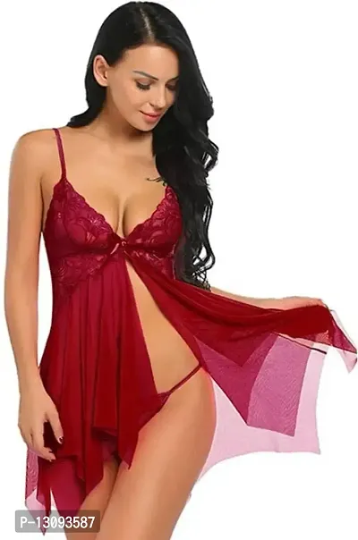 ZXS STYLE Babydoll Nighty for Honeymoon/Nightwear for Women or Girl/Nightwear Super Soft Net Babydoll Dress Sleepwear (Maroon, 1)-thumb0