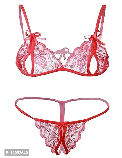 KP ONLINE Women Honeymoon Bikini Lace Bra Panty Lingerie Set Red-thumb3