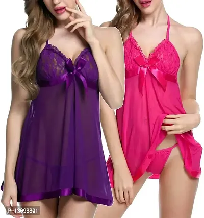 Women's Poly Cotton Solid Above knee Baby Doll Lingerie(Pack of 2) (NBE142REDCOMBO_Purple & Pink)